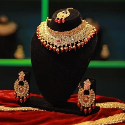 Designer Necklace and Earrings Set Red Pearls