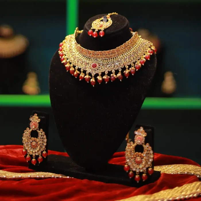 Designer Necklace and Earrings Set Red Pearls