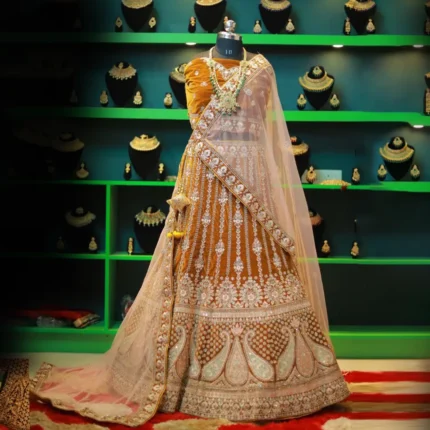Dust Yellow Embroidered and Semi Stitched Wedding Lehanga