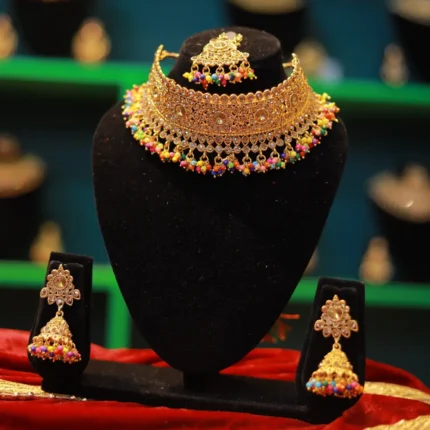 Gold Plated Necklace and Earring Set with Colourful Pearl