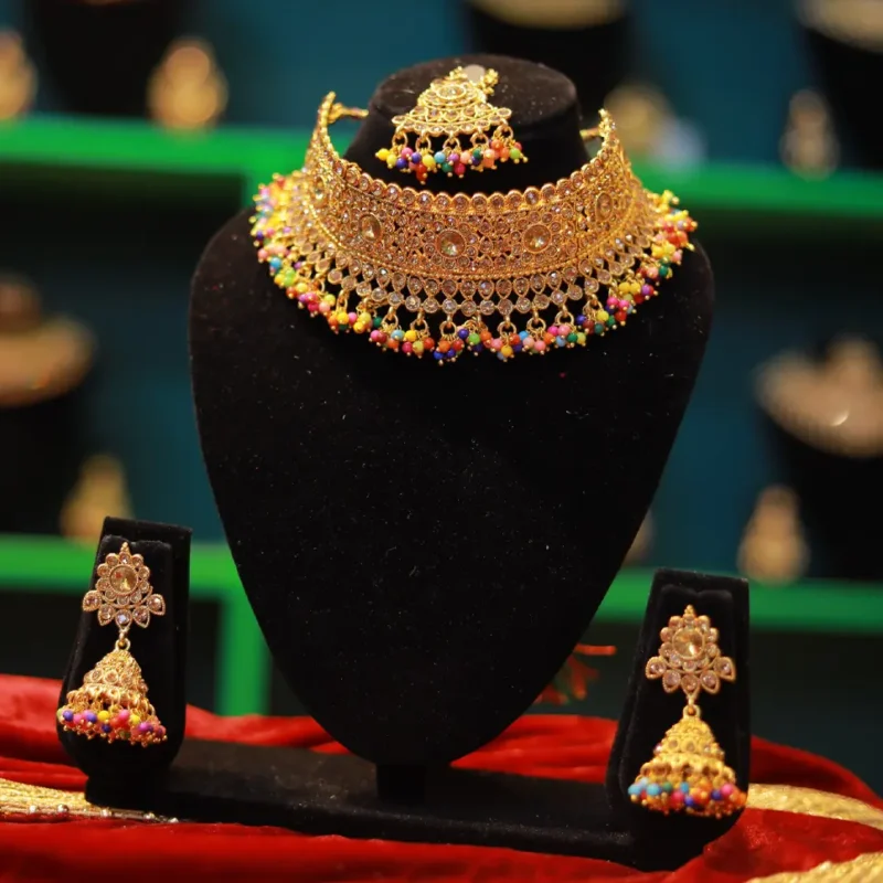 Gold Plated Necklace and Earring Set with Colourful Pearl