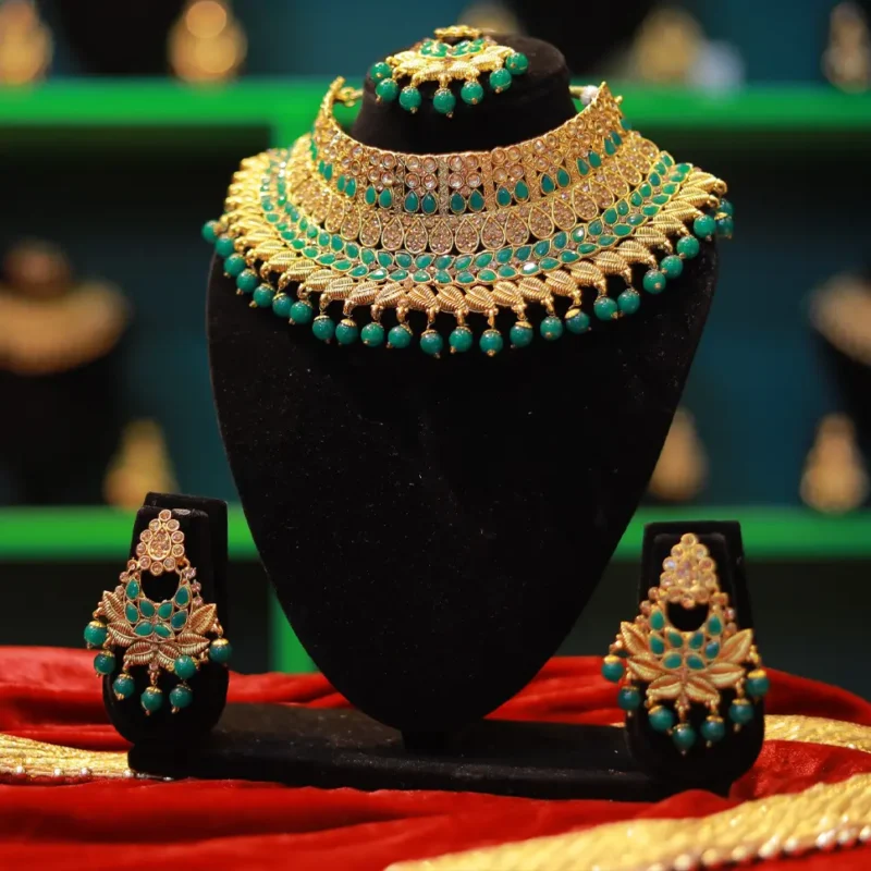 Gold Plated Necklace and Earring Set with Green Coloured Pearl