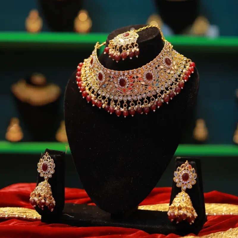 Gold Plated Necklace and Earring Set with Red Coloured Pearl