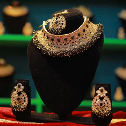 Gold Plated Necklace and Earrings with Black Stones